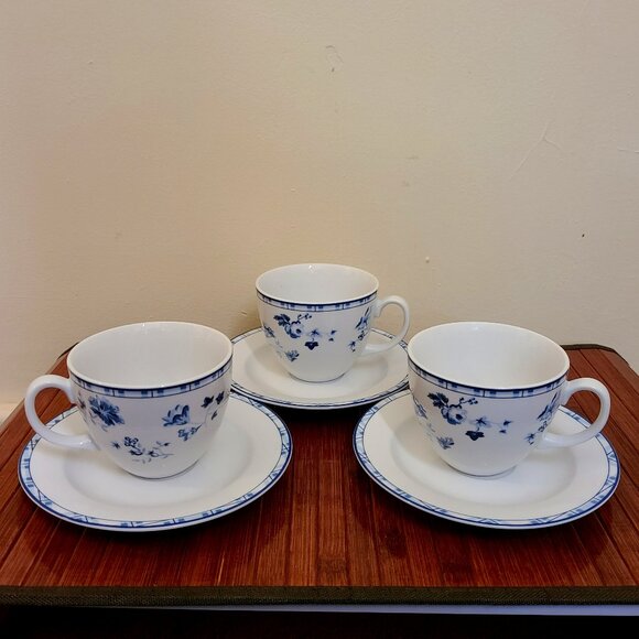 Laura Ashley Sophia Blue White French Country Porcelain Cup & Saucer - Set of 3 - Picture 2 of 11